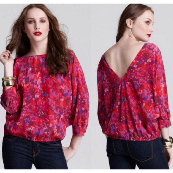 NWOT Joie Red & Purple Silk Splatter Pattern Low-Cut-Back Dolman Blouson Top - Picture 1 of 6